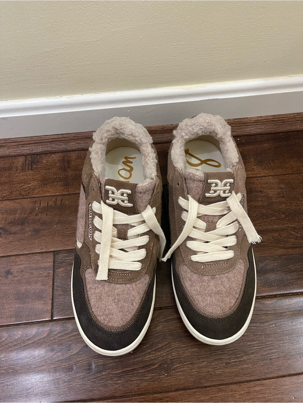 Sam Edelman Taupe and Dark Brown Shearling-Lined Sneakers